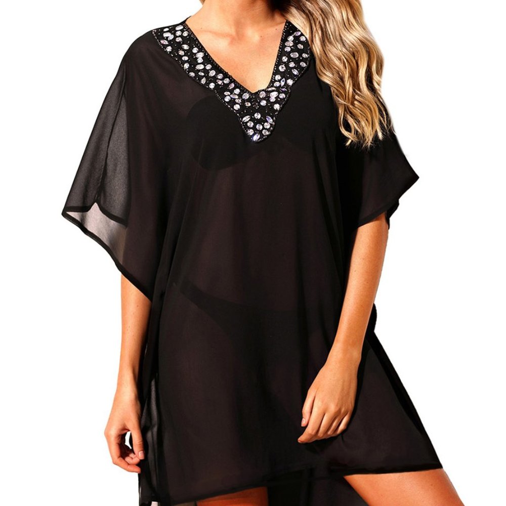 Plus Size Rhinestone Kimono Dress/Beach Cover Up